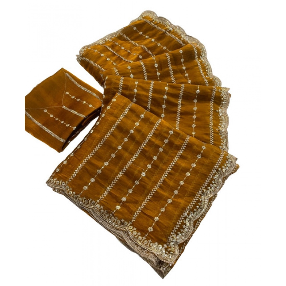 Generic Women's Jimmy Choo Embellished Saree With Unstitched Blouse 5.5Mtr�(Mustard) - Image 2
