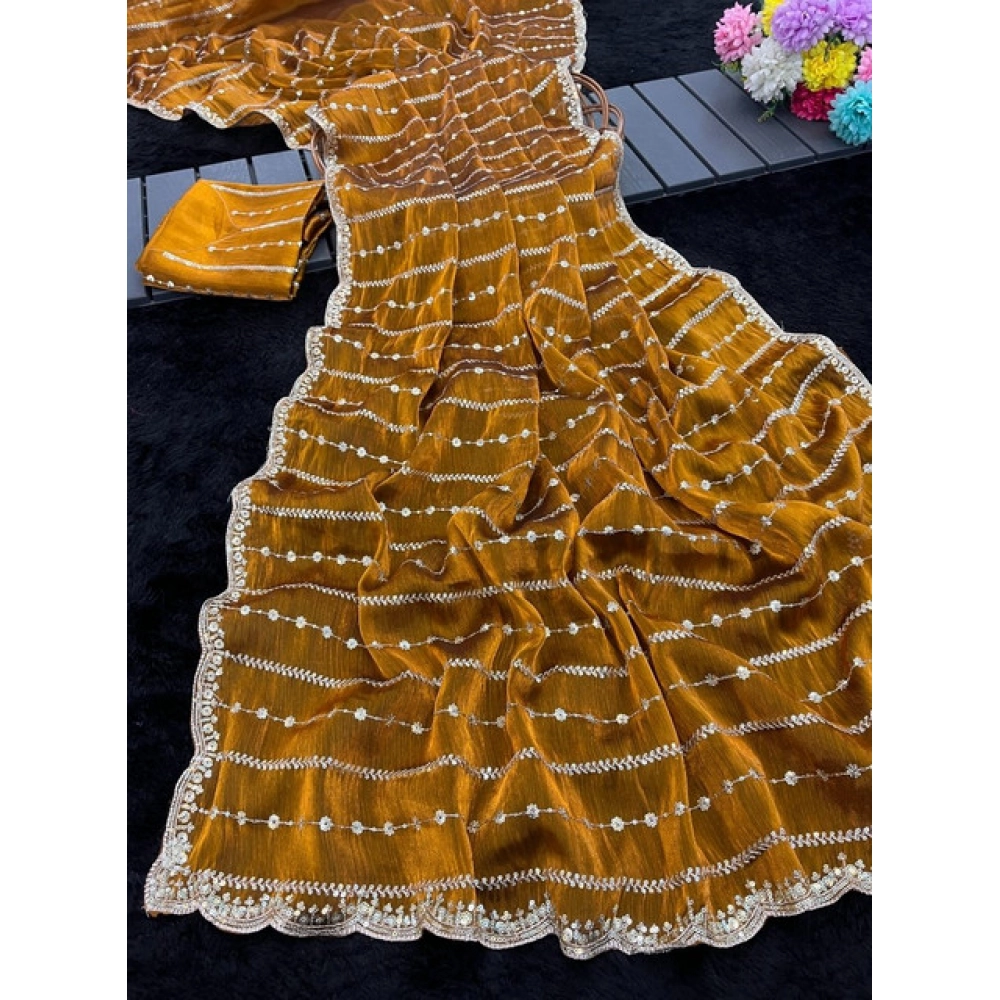 Generic Women's Jimmy Choo Embellished Saree With Unstitched Blouse 5.5Mtr�(Mustard) - Image 3