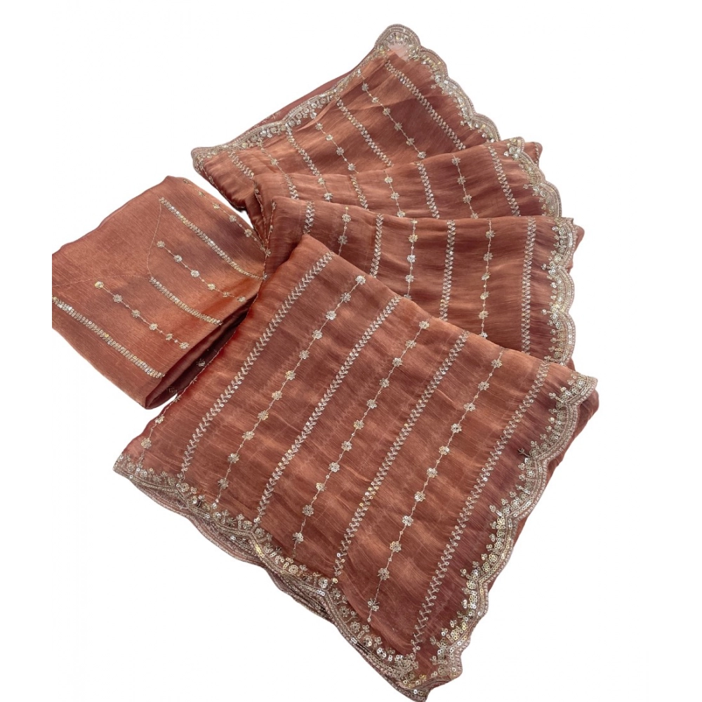 Generic Women's Jimmy Choo Embellished Saree With Unstitched Blouse 5.5Mtr�(Brown) - Image 2