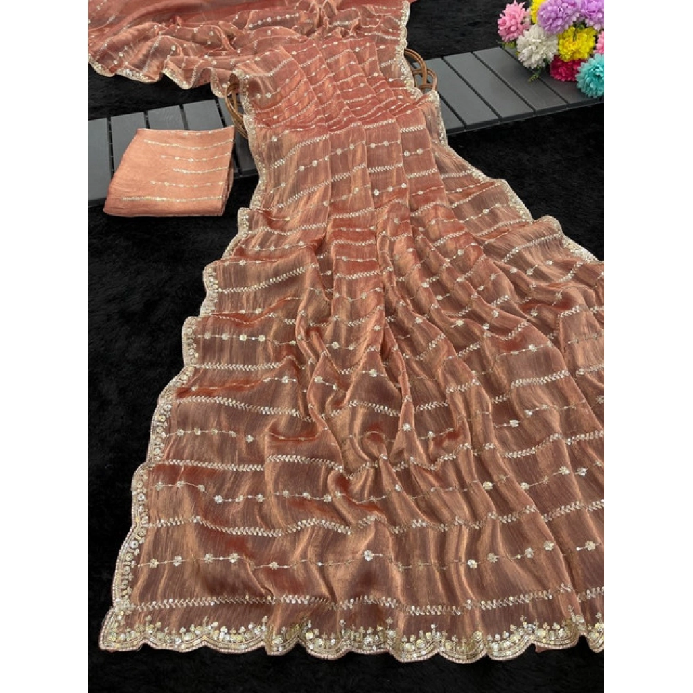 Generic Women's Jimmy Choo Embellished Saree With Unstitched Blouse 5.5Mtr�(Brown) - Image 3