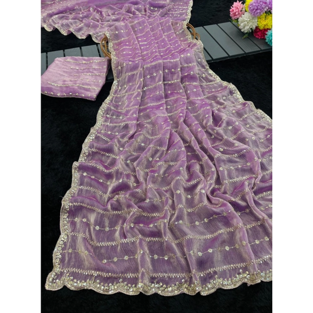 Generic Women's Jimmy Choo Embellished Saree With Unstitched Blouse 5.5Mtr�(Lavender) - Image 3