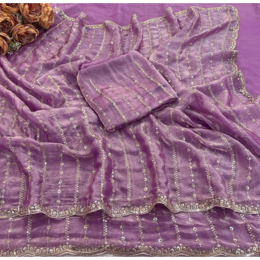 Generic Women's Jimmy Choo Embellished Saree With Unstitched Blouse 5.5Mtr�(Lavender) - Image 4