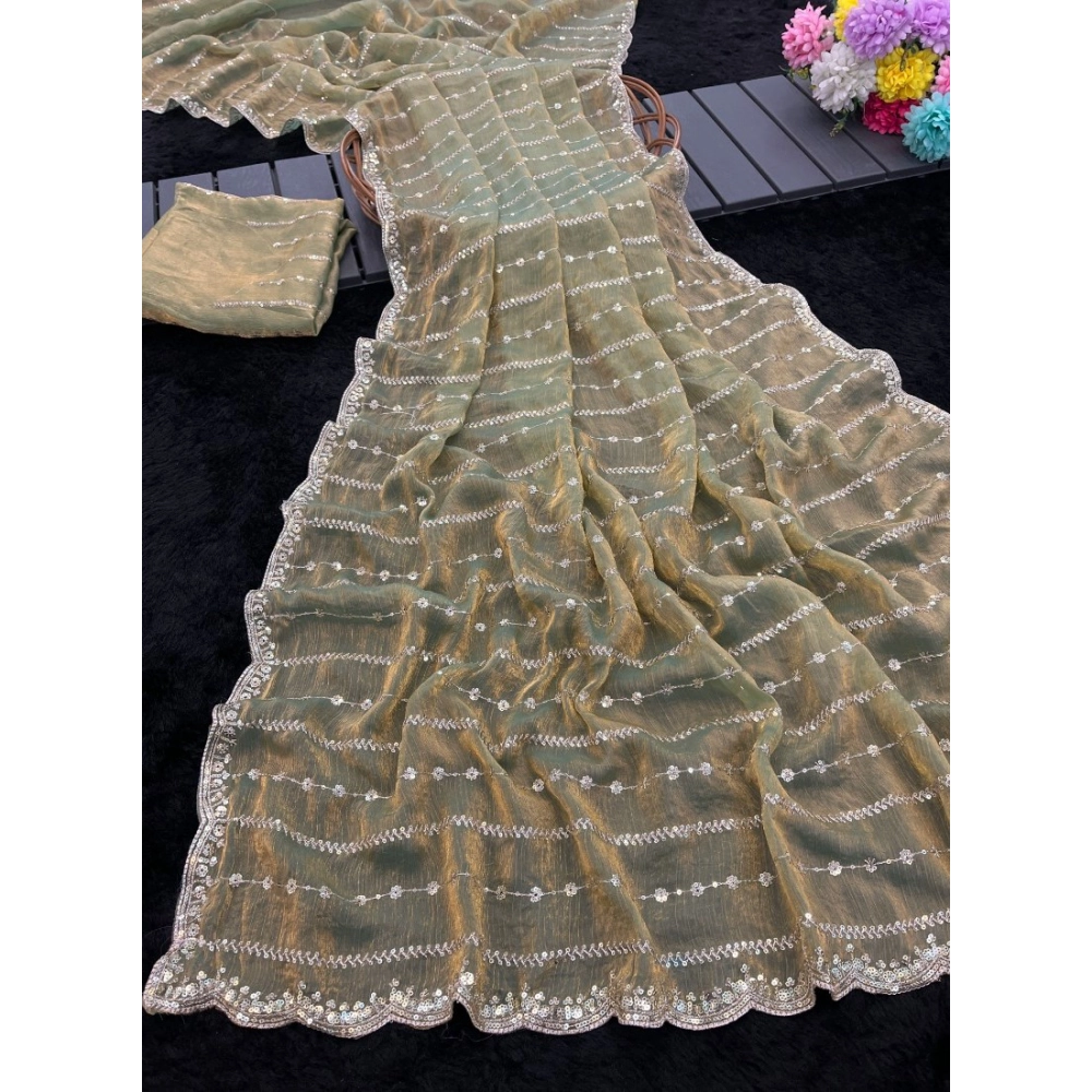 Generic Women's Jimmy Choo Embellished Saree With Unstitched Blouse 5.5Mtr�(Light Green) - Image 3