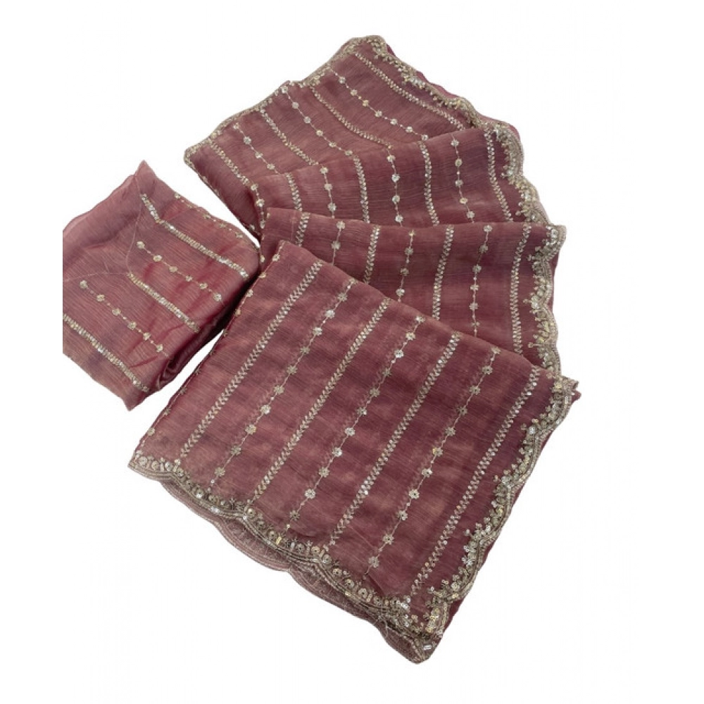 Generic Women's Jimmy Choo Embellished Saree With Unstitched Blouse 5.5Mtr�(Pink) - Image 2