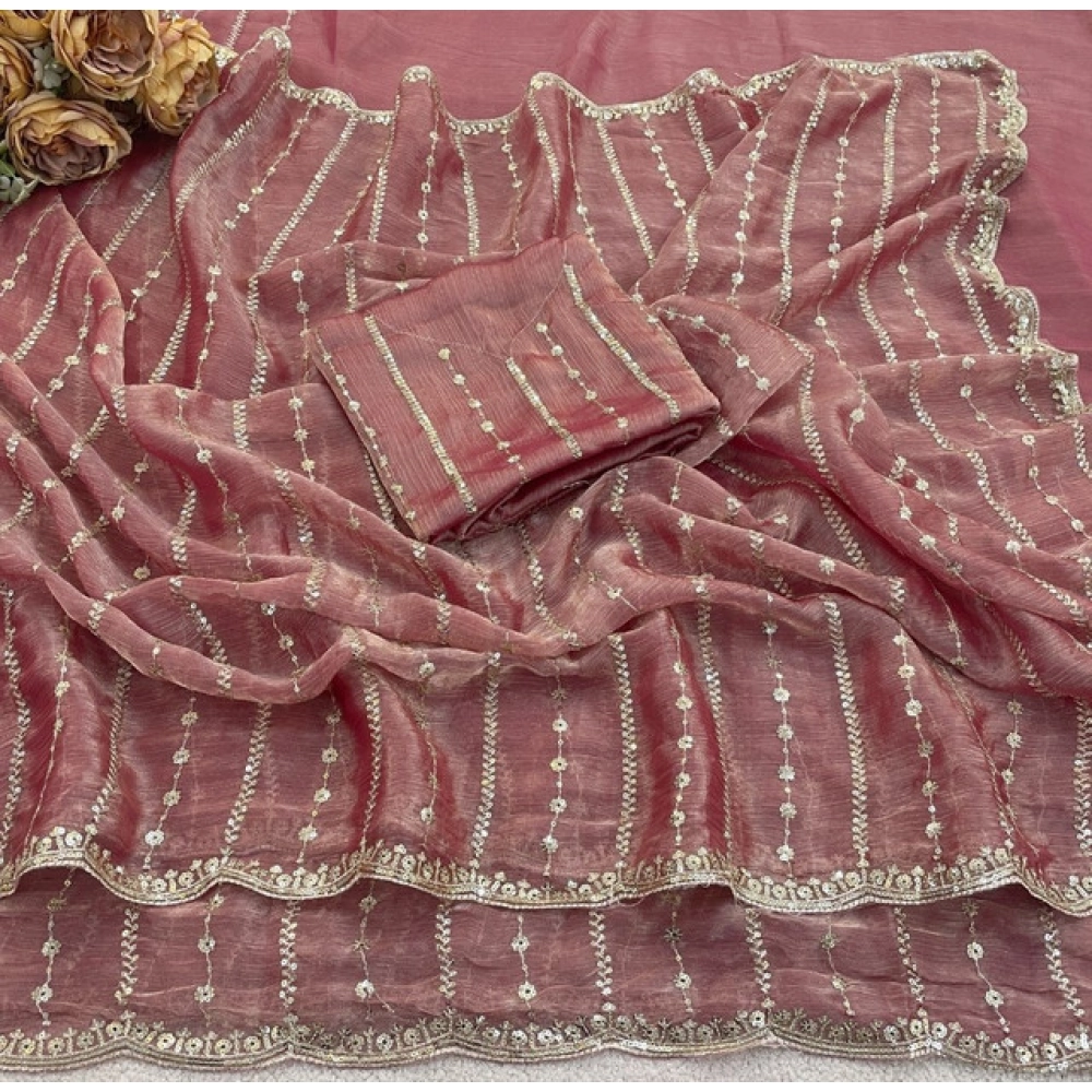 Generic Women's Jimmy Choo Embellished Saree With Unstitched Blouse 5.5Mtr�(Pink) - Image 4
