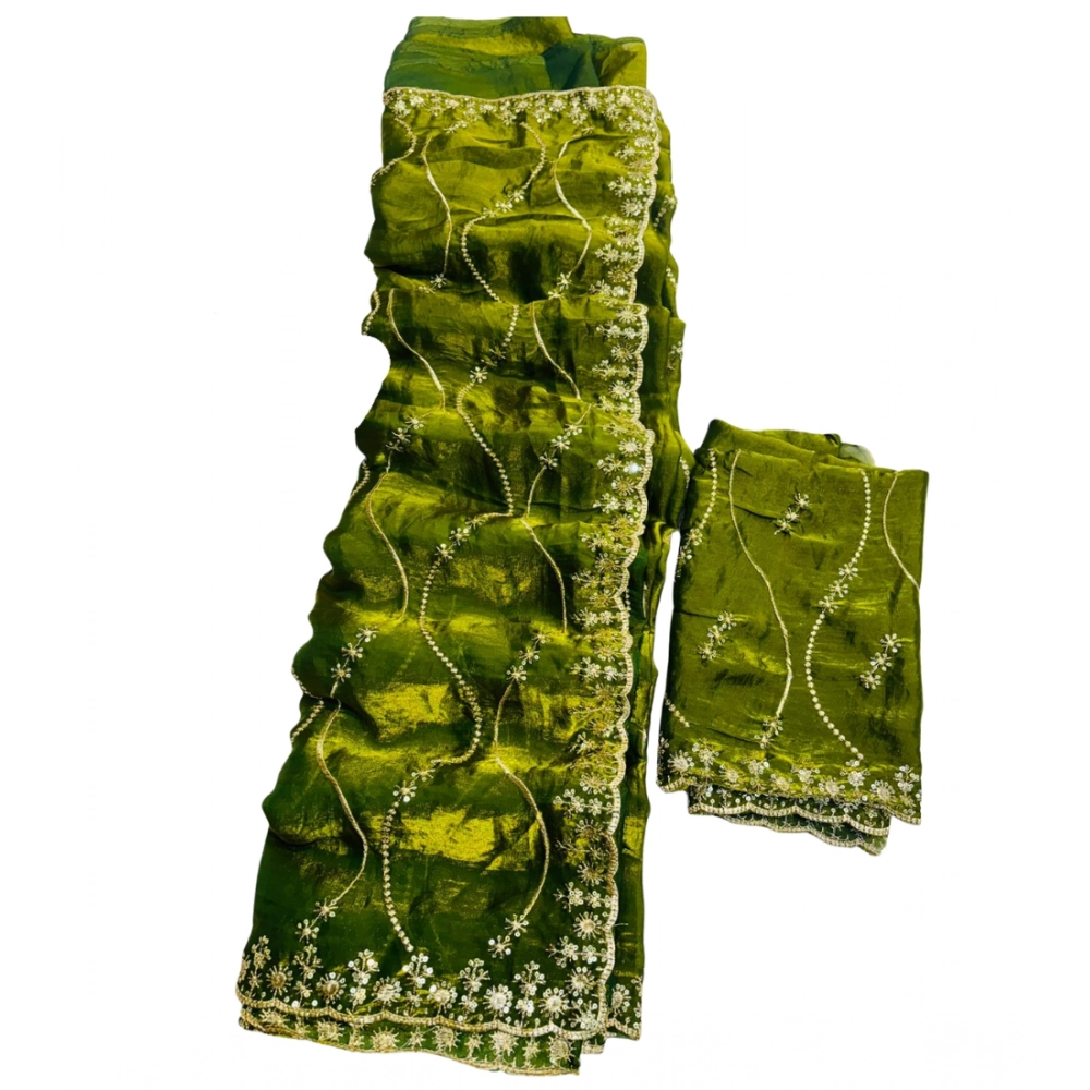 Generic Women's Jimmy Choo Embellished Saree With Unstitched Blouse 5.5Mtr�(Mehendi-Green) - Image 2