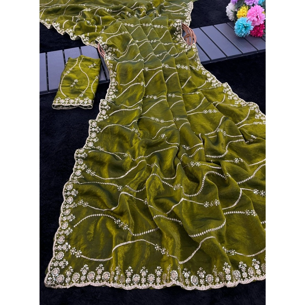 Generic Women's Jimmy Choo Embellished Saree With Unstitched Blouse 5.5Mtr�(Mehendi-Green) - Image 3