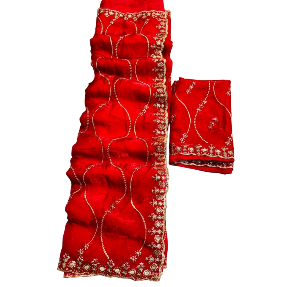 Generic Women's Jimmy Choo Embellished Saree With Unstitched Blouse 5.5Mtr�(Red) - Image 2