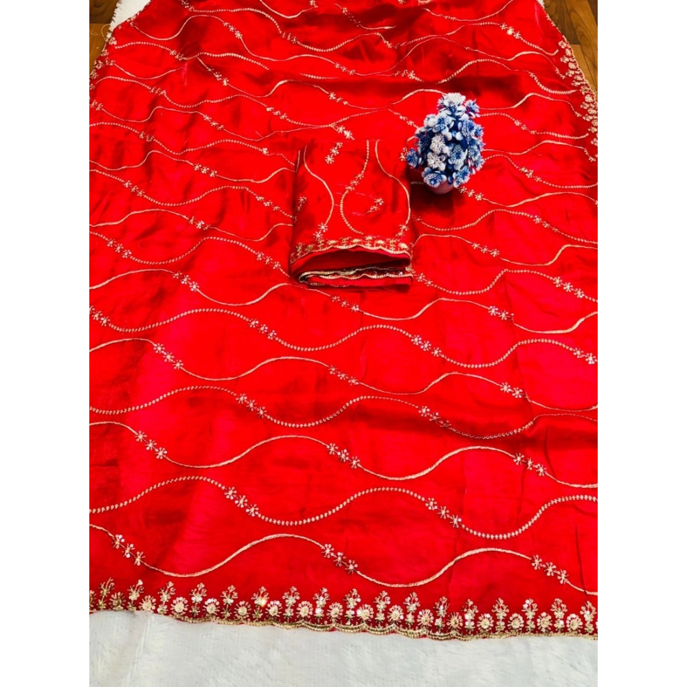 Generic Women's Jimmy Choo Embellished Saree With Unstitched Blouse 5.5Mtr�(Red) - Image 3
