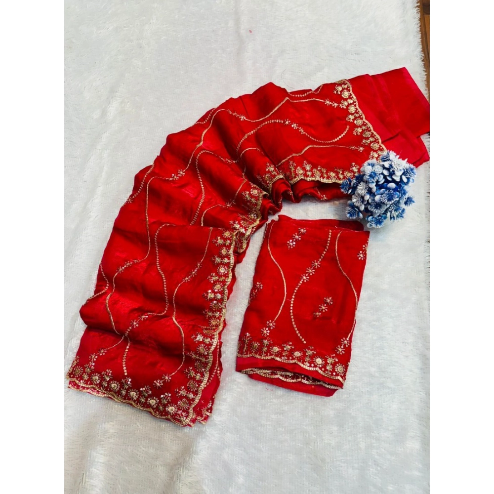 Generic Women's Jimmy Choo Embellished Saree With Unstitched Blouse 5.5Mtr�(Red) - Image 4
