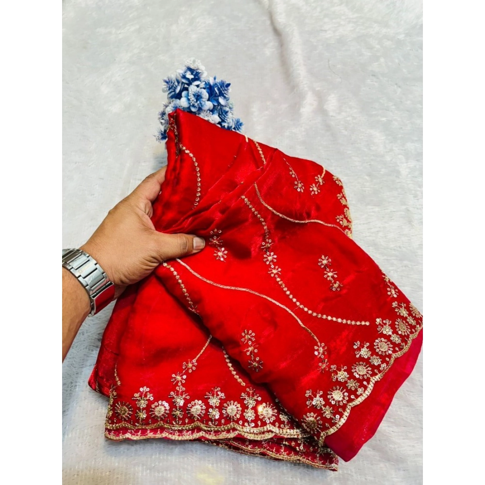 Generic Women's Jimmy Choo Embellished Saree With Unstitched Blouse 5.5Mtr�(Red) - Image 5