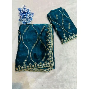 Generic Women's Jimmy Choo Embellished Saree With Unstitched Blouse 5.5Mtr�(Teal)