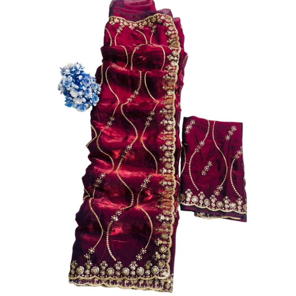 Generic Women's Jimmy Choo Embellished Saree With Unstitched Blouse 5.5Mtr�(Wine) - Image 2