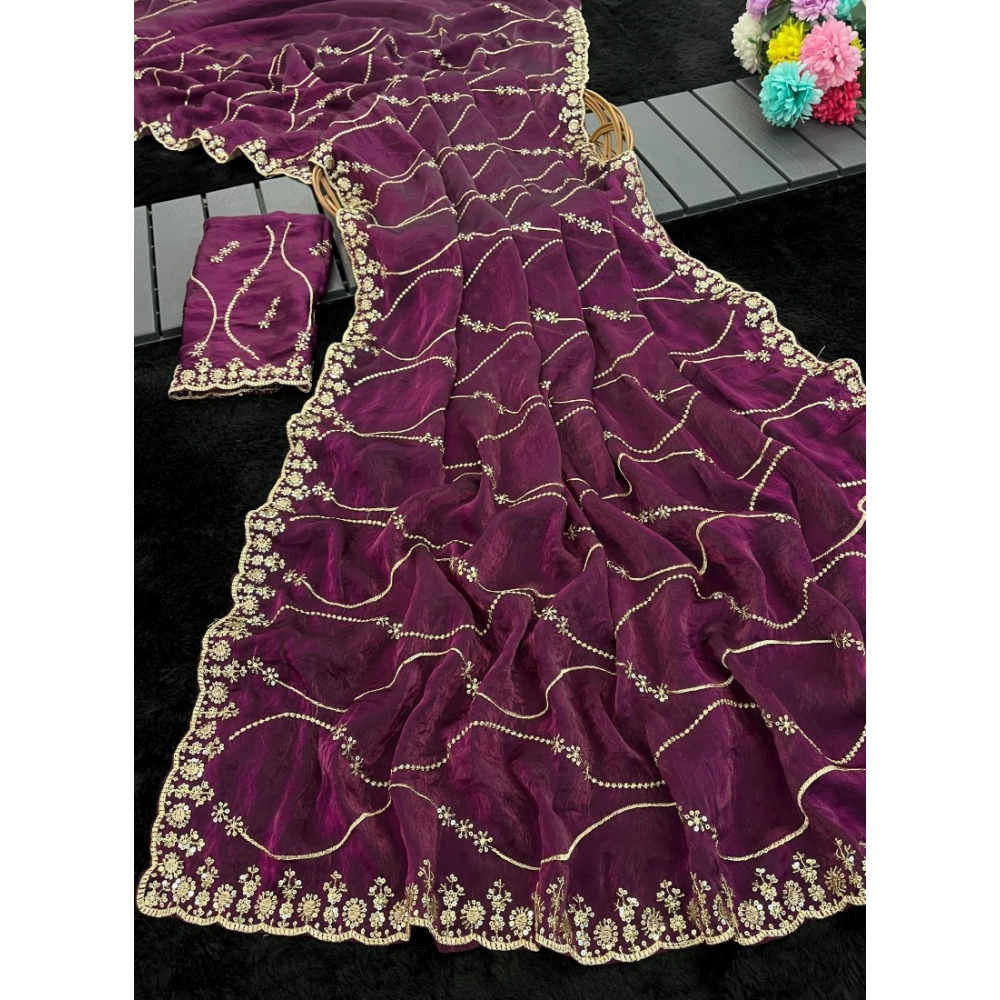 Generic Women's Jimmy Choo Embellished Saree With Unstitched Blouse 5.5Mtr�(Wine) - Image 3