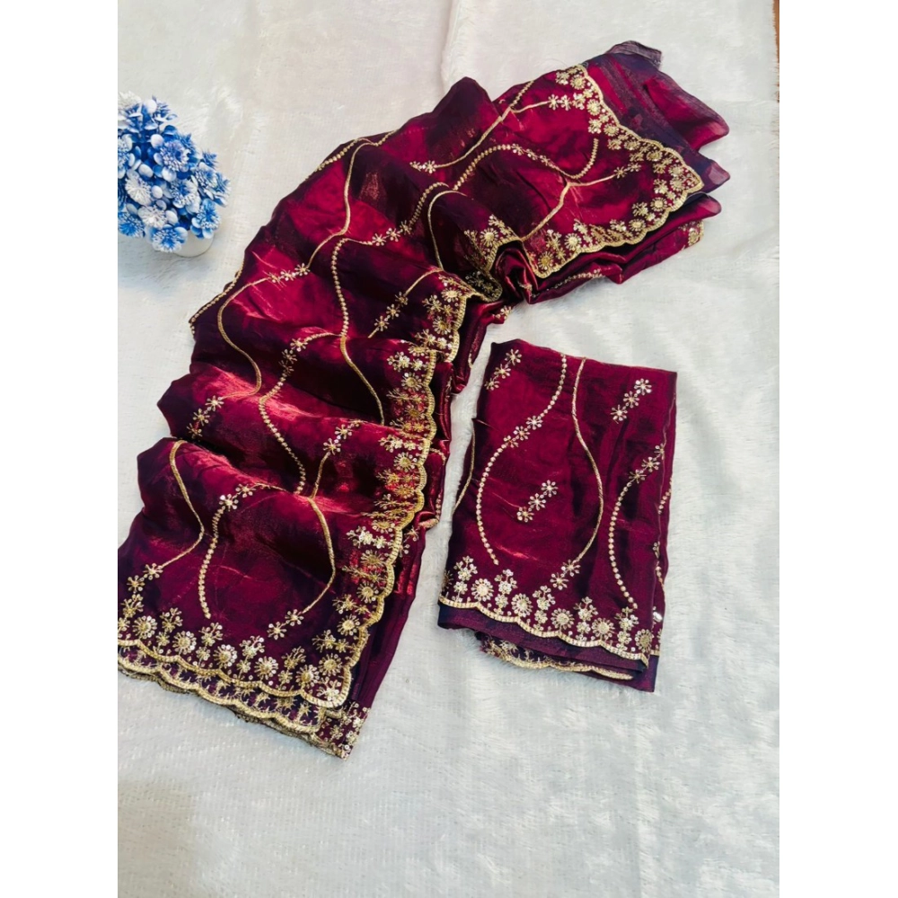Generic Women's Jimmy Choo Embellished Saree With Unstitched Blouse 5.5Mtr�(Wine) - Image 5