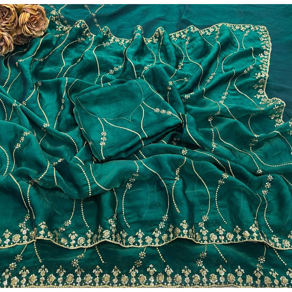 Generic Women's Jimmy Choo Embellished Saree With Unstitched Blouse 5.5Mtr�(Bottle Green) - Image 3