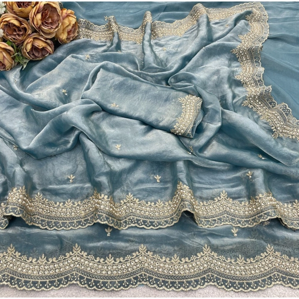 Generic Women's Satin Embellished Saree With Unstitched Blouse 5.5Mtr�(Blue) - Image 3