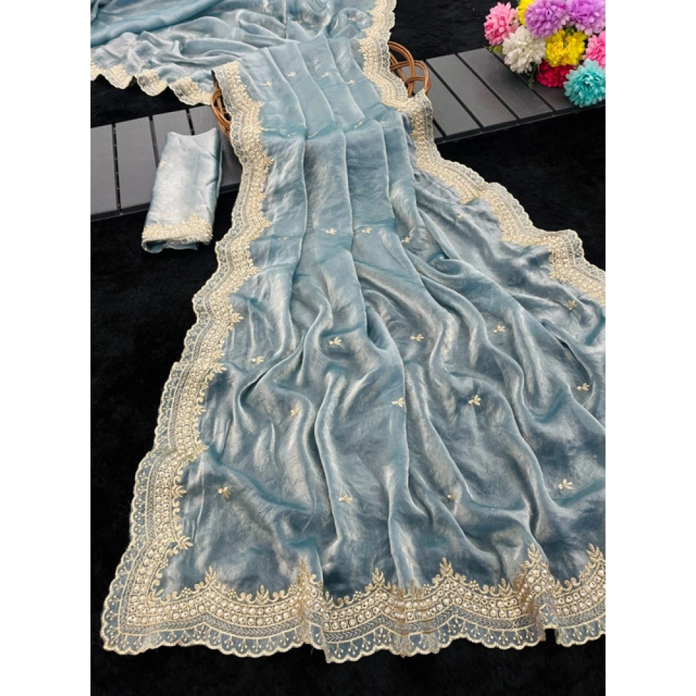 Generic Women's Satin Embellished Saree With Unstitched Blouse 5.5Mtr�(Blue) - Image 4