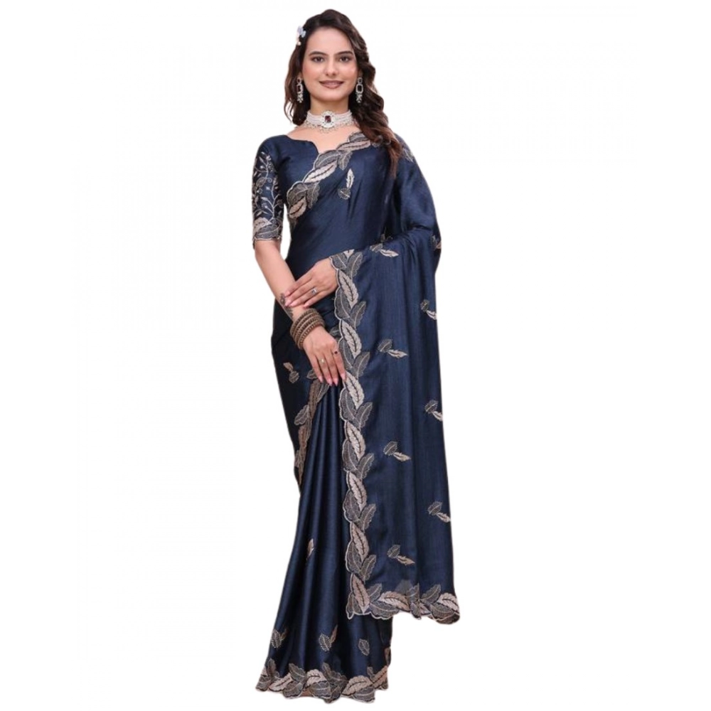 Generic Women's Georgette Embroidered Saree With Unstitched Blouse 5.5Mtr�(Navy Blue) - Image 2