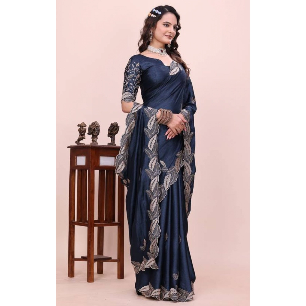 Generic Women's Georgette Embroidered Saree With Unstitched Blouse 5.5Mtr�(Navy Blue) - Image 3