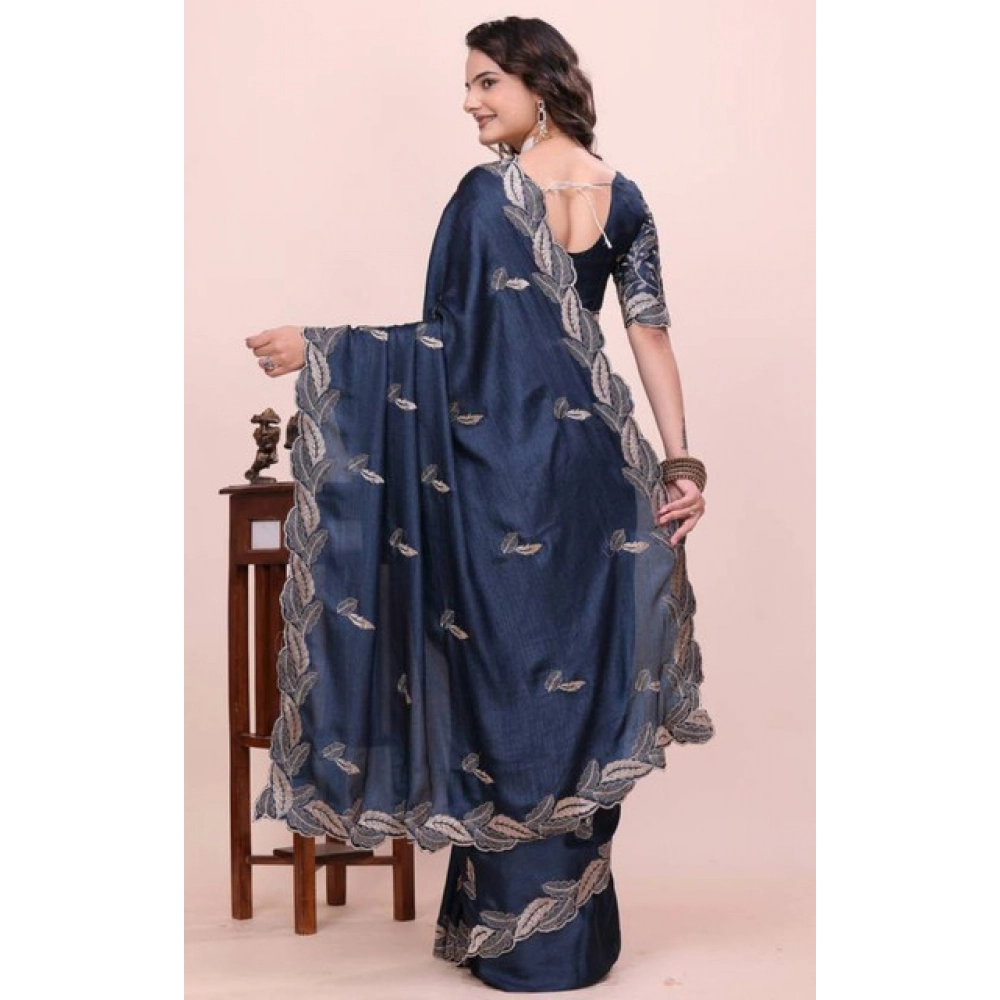 Generic Women's Georgette Embroidered Saree With Unstitched Blouse 5.5Mtr�(Navy Blue) - Image 4