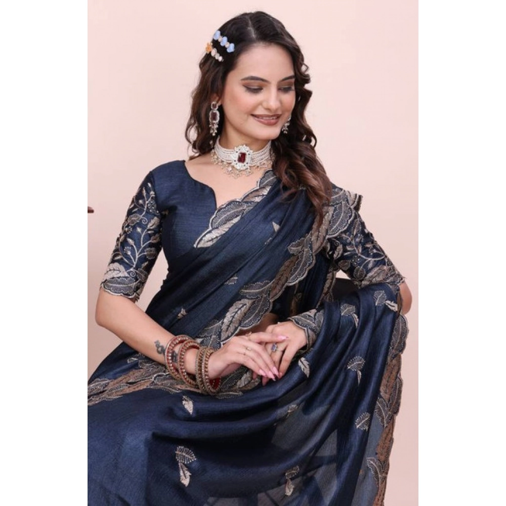 Generic Women's Georgette Embroidered Saree With Unstitched Blouse 5.5Mtr�(Navy Blue) - Image 5