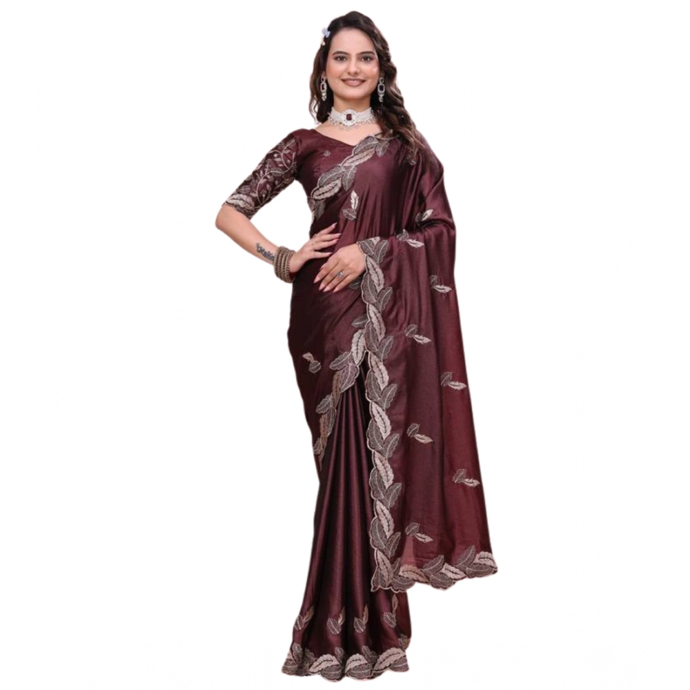 Generic Women's Georgette Embroidered Saree With Unstitched Blouse 5.5Mtr�(Wine) - Image 2