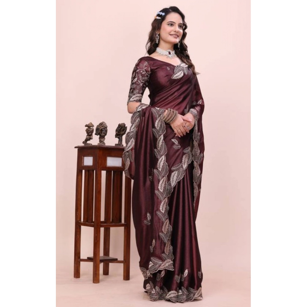 Generic Women's Georgette Embroidered Saree With Unstitched Blouse 5.5Mtr�(Wine) - Image 3