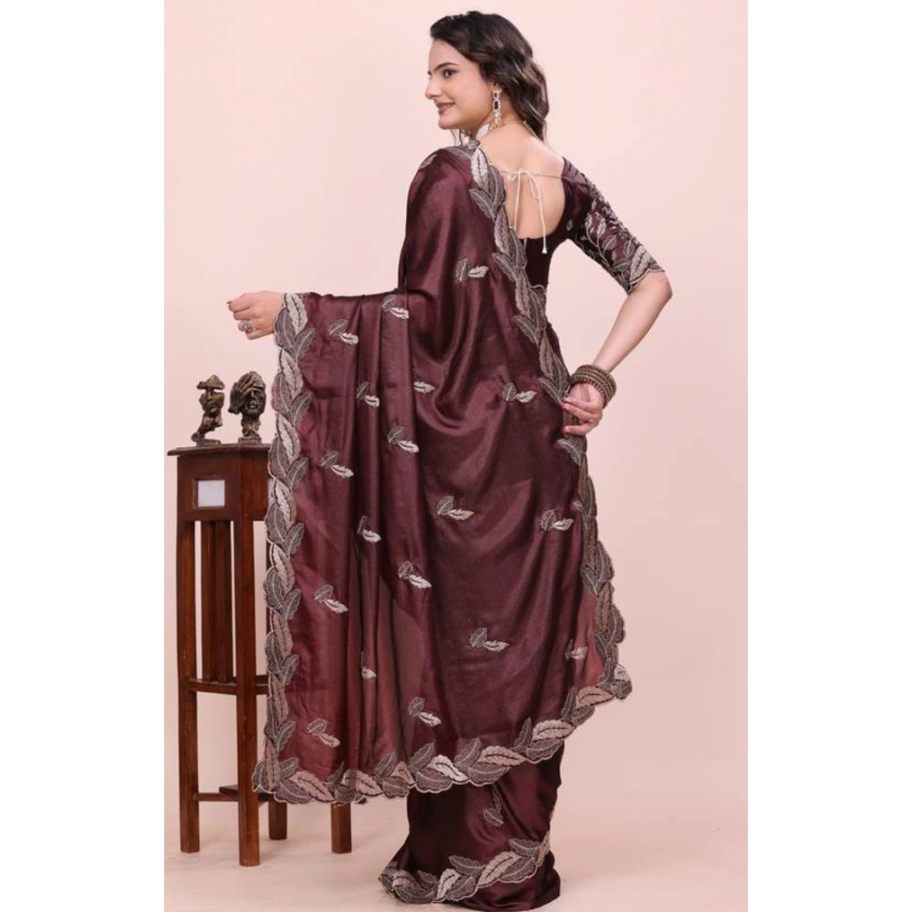 Generic Women's Georgette Embroidered Saree With Unstitched Blouse 5.5Mtr�(Wine) - Image 4