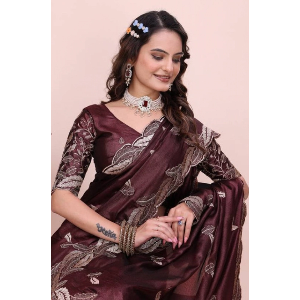 Generic Women's Georgette Embroidered Saree With Unstitched Blouse 5.5Mtr�(Wine) - Image 5