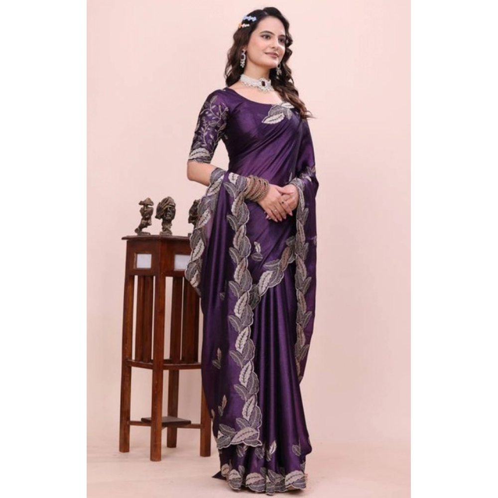 Generic Women's Georgette Embroidered Saree With Unstitched Blouse 5.5Mtr�(Purple) - Image 3