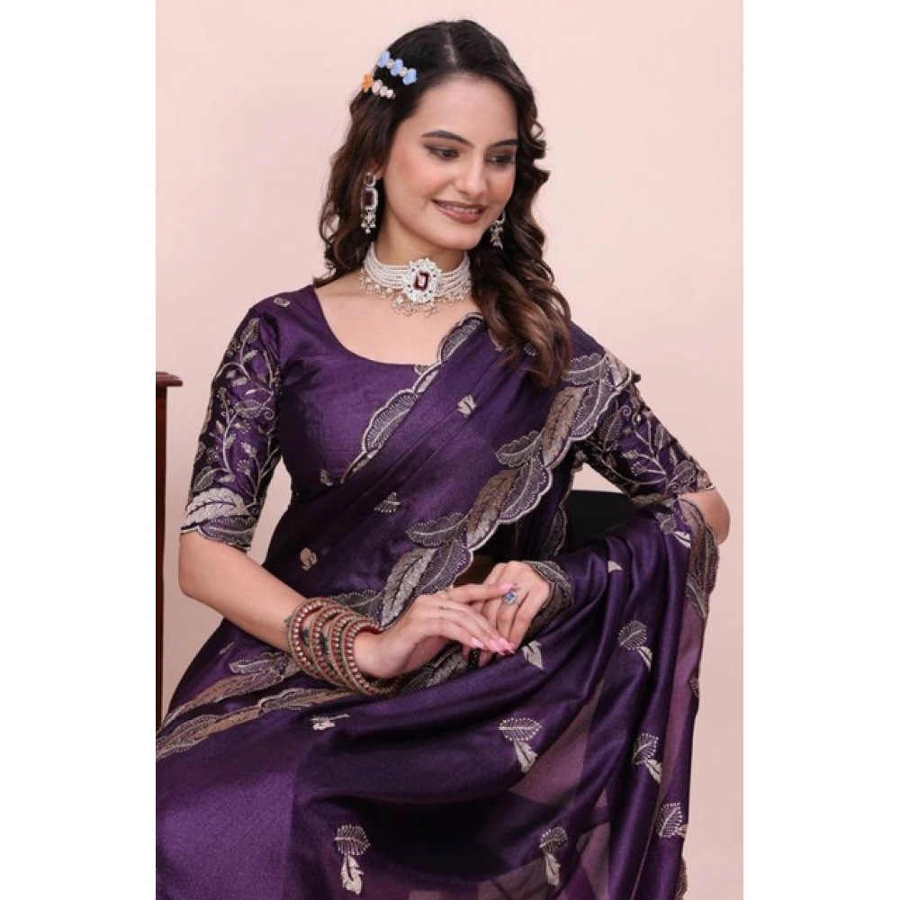 Generic Women's Georgette Embroidered Saree With Unstitched Blouse 5.5Mtr�(Purple) - Image 5