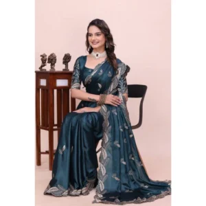 Generic Women's Georgette Embroidered Saree With Unstitched Blouse 5.5Mtr�(Teal)