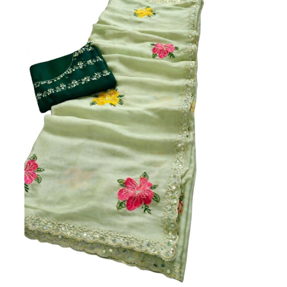 Generic Women's Georgette Embellished Saree With Unstitched Blouse 5.5Mtr�(Light Green) - Image 2