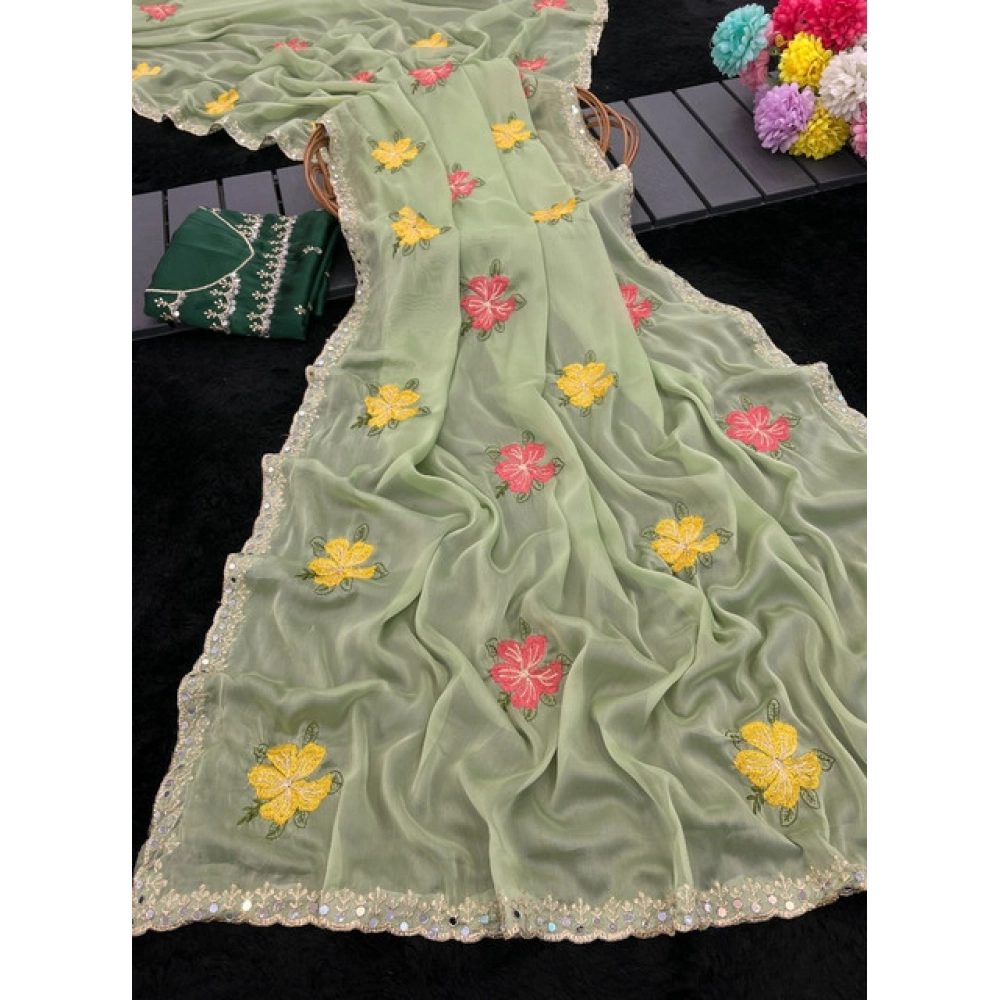 Generic Women's Georgette Embellished Saree With Unstitched Blouse 5.5Mtr�(Light Green) - Image 3
