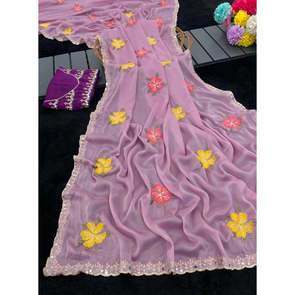 Generic Women's Georgette Embellished Saree With Unstitched Blouse 5.5Mtr�(Lavender) - Image 3