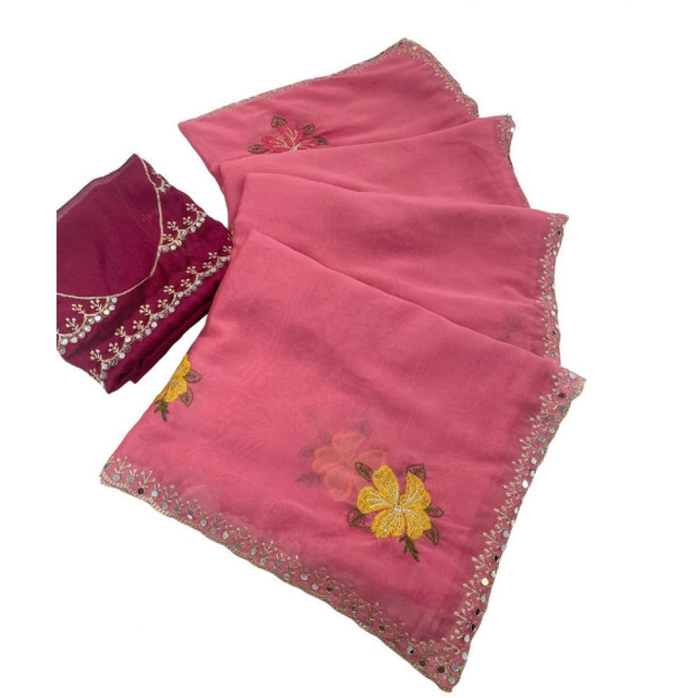 Generic Women's Georgette Embellished Saree With Unstitched Blouse 5.5Mtr�(Pink) - Image 2