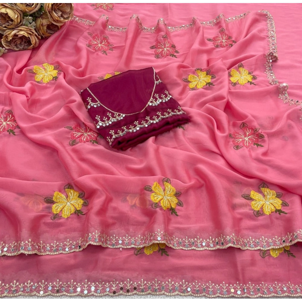 Generic Women's Georgette Embellished Saree With Unstitched Blouse 5.5Mtr�(Pink) - Image 3