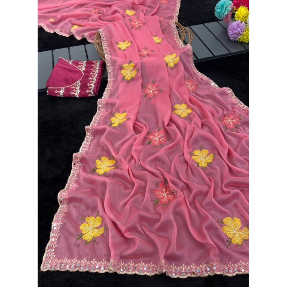 Generic Women's Georgette Embellished Saree With Unstitched Blouse 5.5Mtr�(Pink) - Image 4