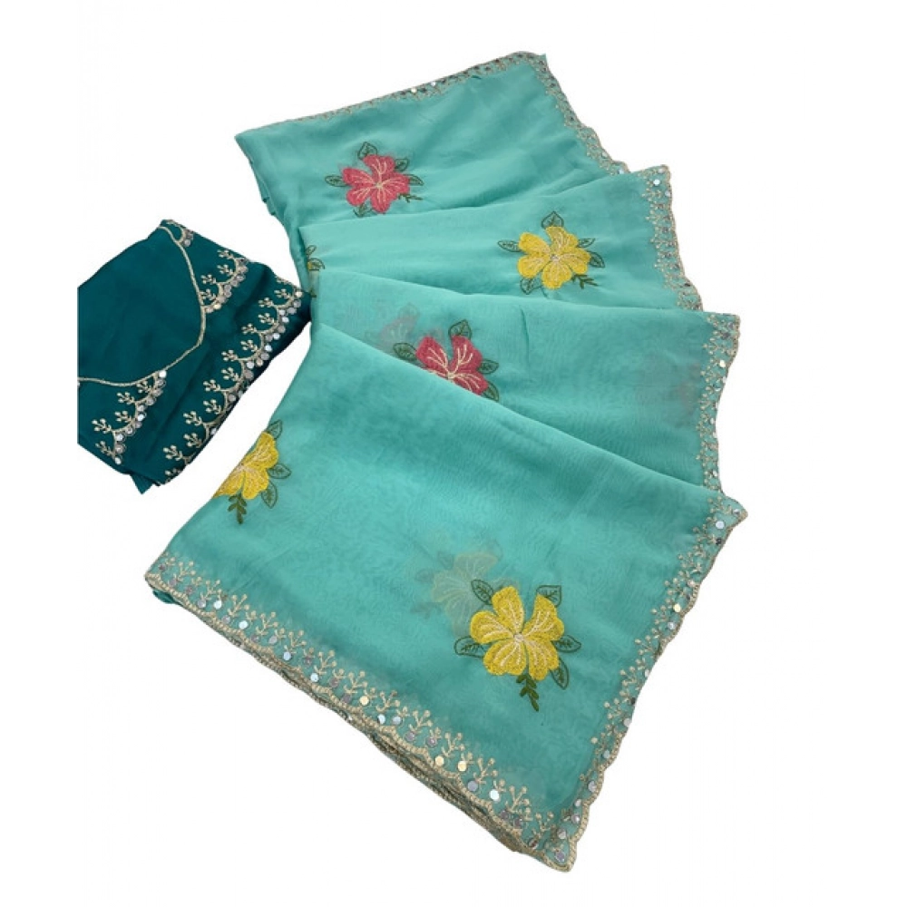 Generic Women's Georgette Embellished Saree With Unstitched Blouse 5.5Mtr�(Aqua Blue) - Image 2