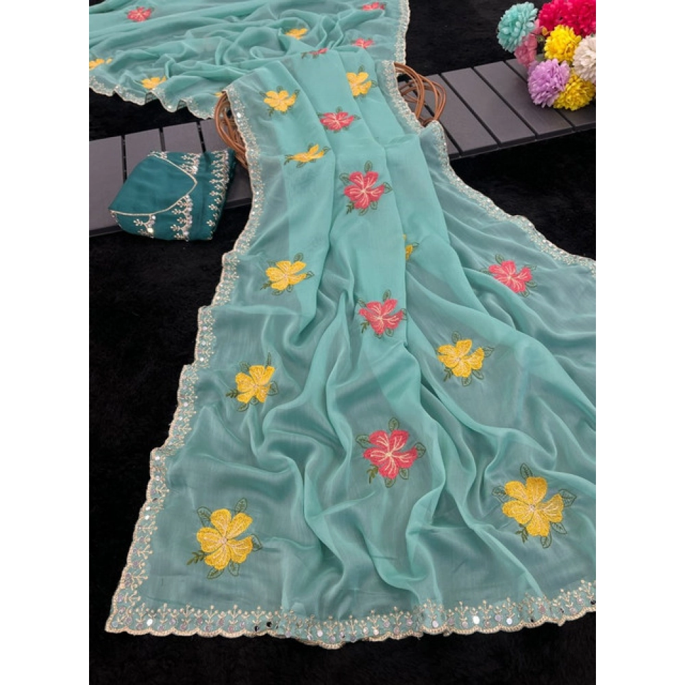 Generic Women's Georgette Embellished Saree With Unstitched Blouse 5.5Mtr�(Aqua Blue) - Image 3