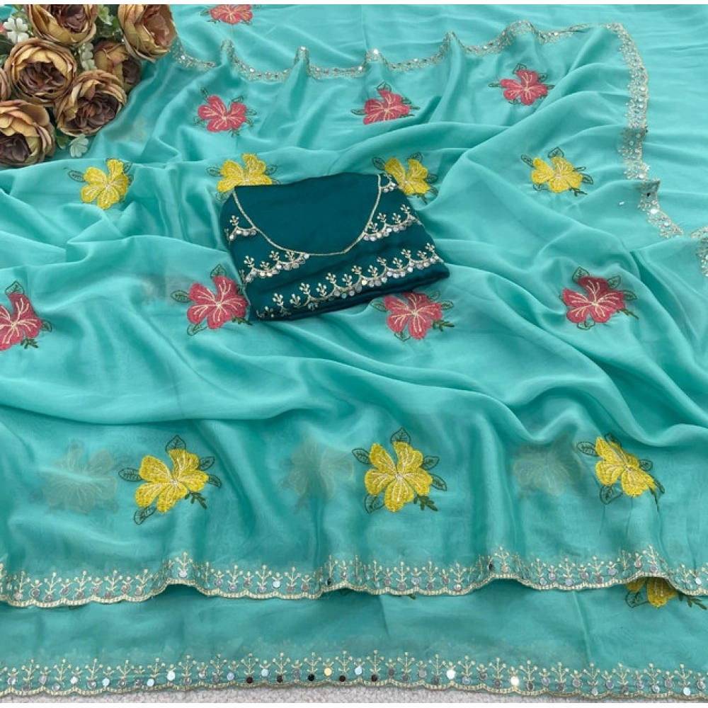 Generic Women's Georgette Embellished Saree With Unstitched Blouse 5.5Mtr�(Aqua Blue) - Image 4
