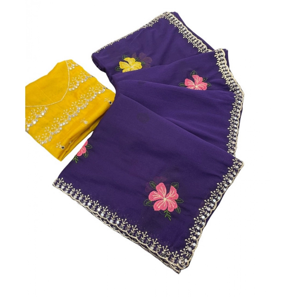 Generic Women's Georgette Embellished Saree With Unstitched Blouse 5.5Mtr�(Purple) - Image 2