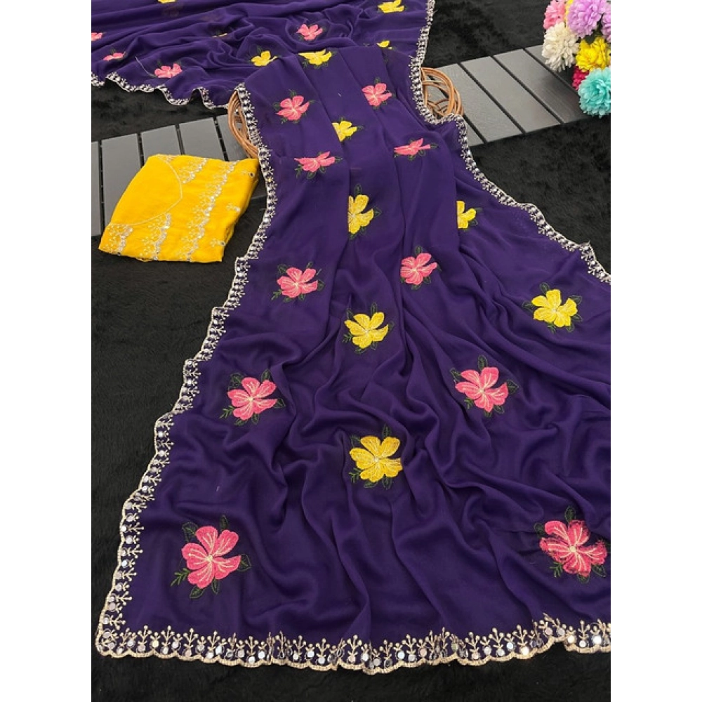 Generic Women's Georgette Embellished Saree With Unstitched Blouse 5.5Mtr�(Purple) - Image 3