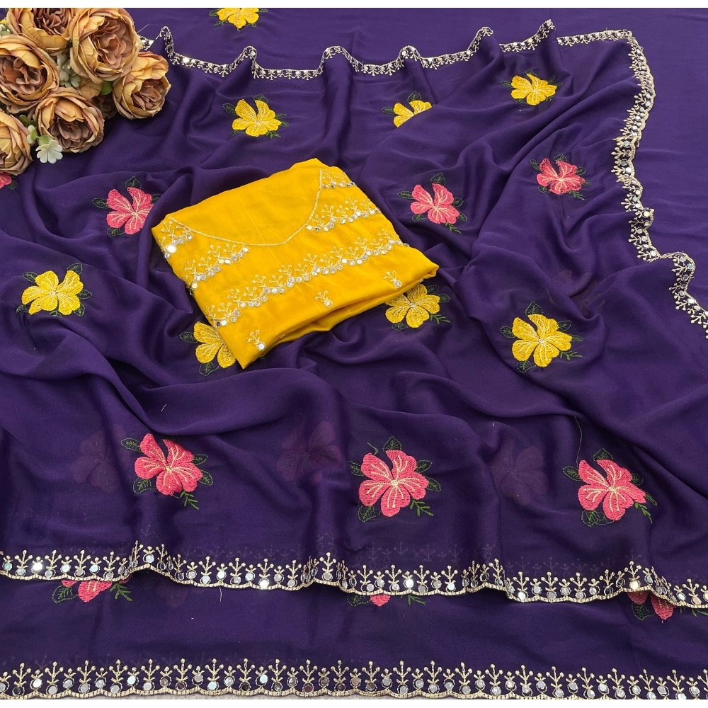 Generic Women's Georgette Embellished Saree With Unstitched Blouse 5.5Mtr�(Purple) - Image 4