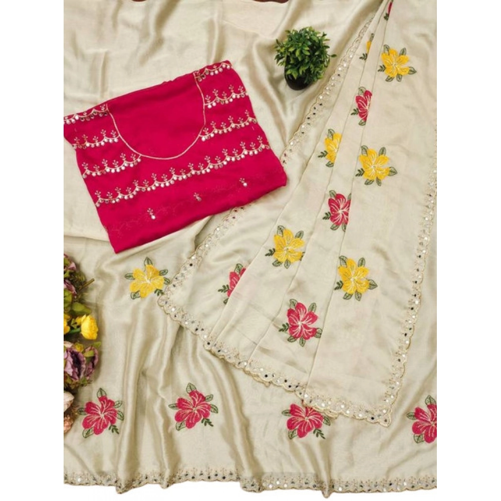 Generic Women's Georgette Embellished Saree With Unstitched Blouse 5.5Mtr�(Cream) - Image 2
