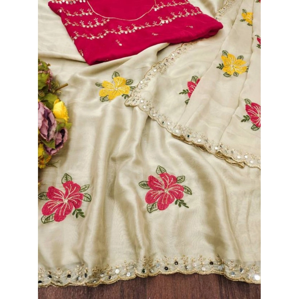 Generic Women's Georgette Embellished Saree With Unstitched Blouse 5.5Mtr�(Cream) - Image 3