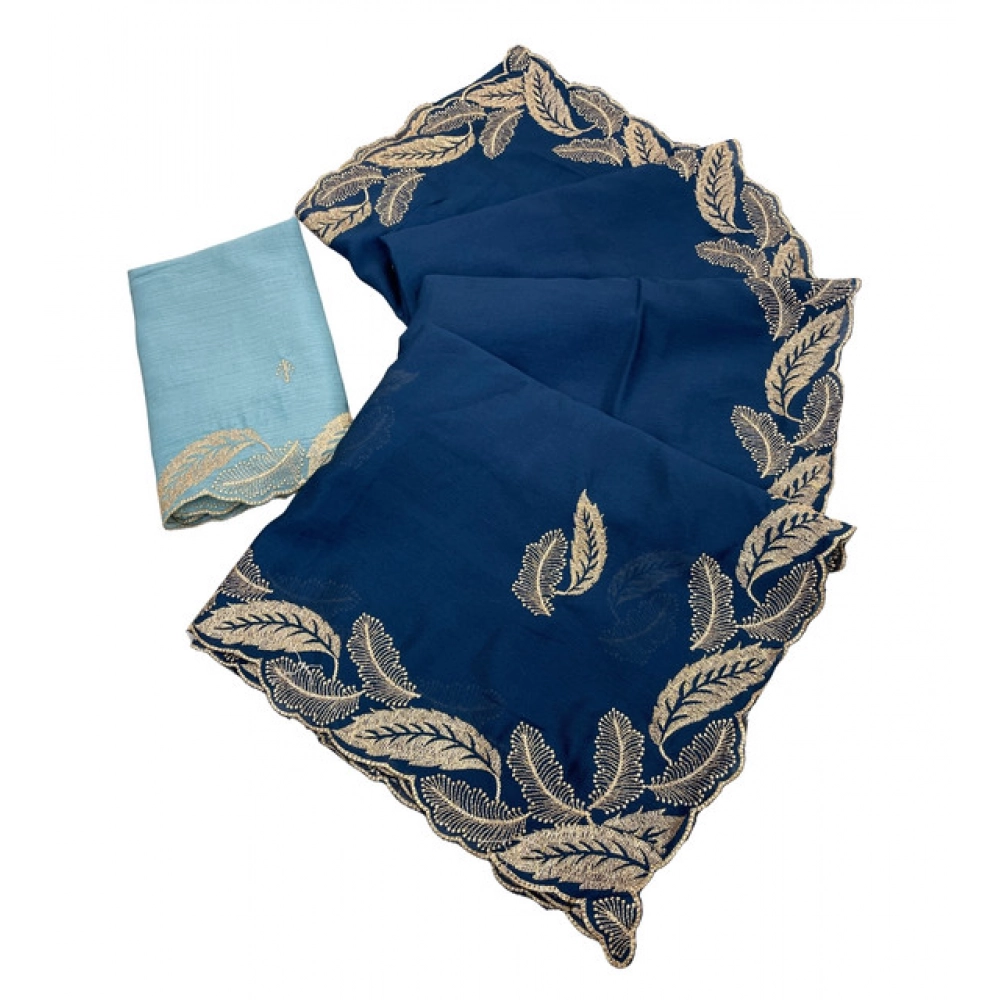 Generic Women's Chiffon Embroidered Saree With Unstitched Blouse 5.5Mtr�(Blue) - Image 2