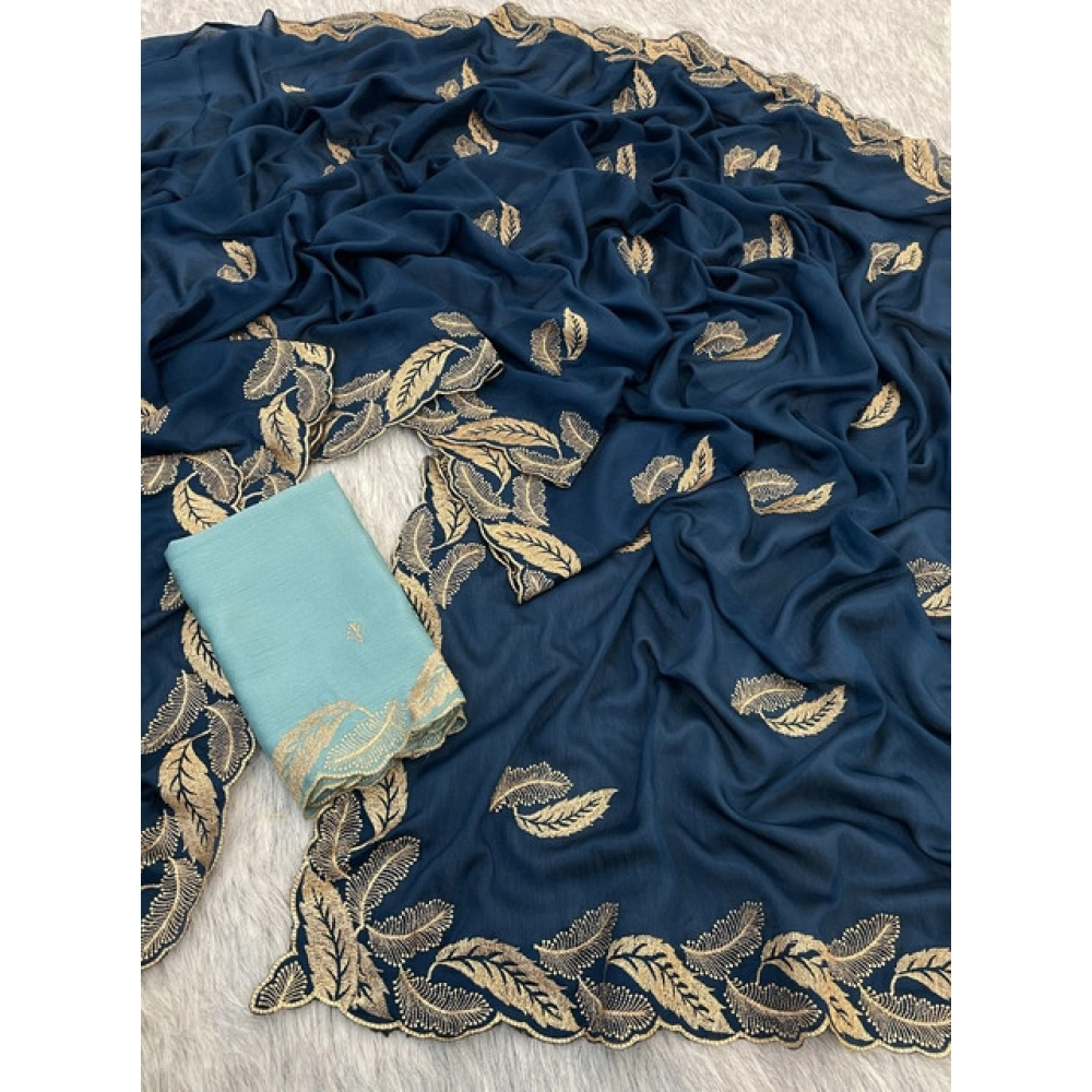 Generic Women's Chiffon Embroidered Saree With Unstitched Blouse 5.5Mtr�(Blue) - Image 3