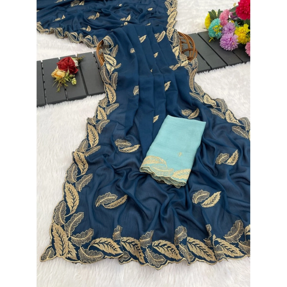 Generic Women's Chiffon Embroidered Saree With Unstitched Blouse 5.5Mtr�(Blue) - Image 4